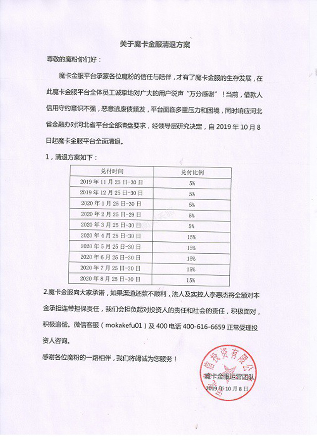 P2P平臺魔卡金服宣布清退:實控人將承擔本金連帶擔保責任