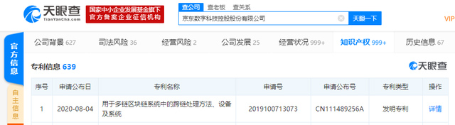 京東數字科技控股股份有限公司申請區塊鏈發明專利 專利名稱包含跨鏈處理方法等