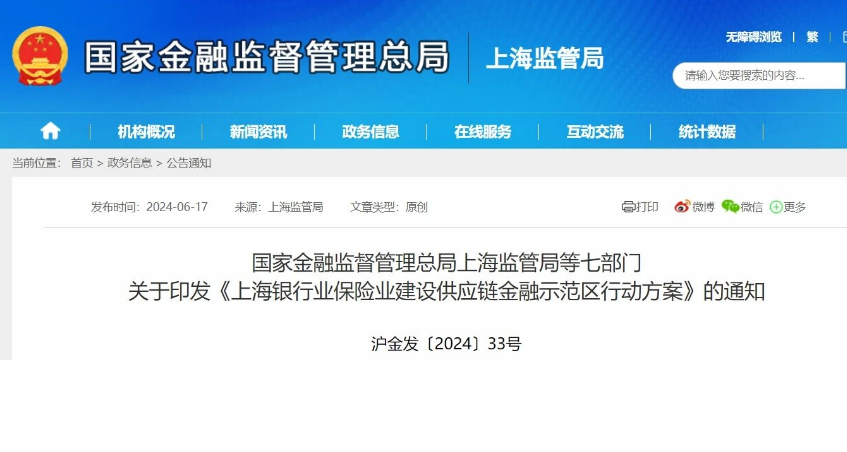 上海監管局等七部門印發《上海銀行業保險業建設供應鏈金融示范區行動方案》